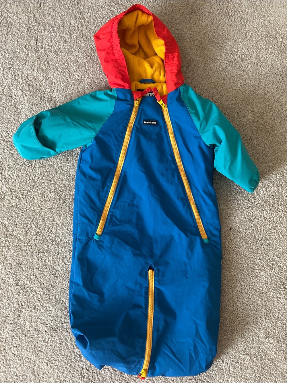 Lands' End Kids Colorblock Hooded Snowsuit in Blue, Teal & Red